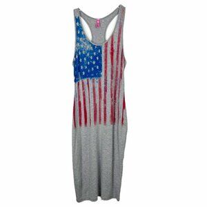 NWOT Retro Doll Tank Dress Women's L Grey Red Blue American Flag Racerback Midi